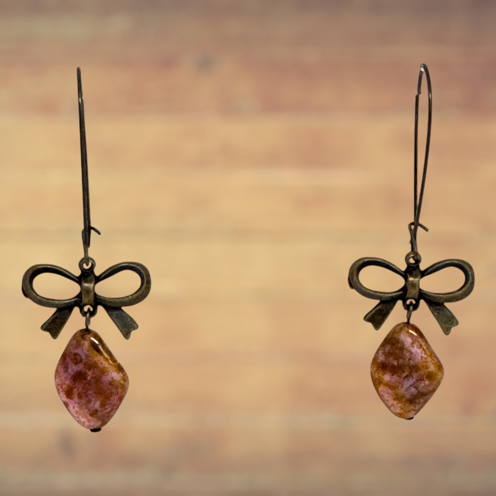 Indio Jewelry Pink Picasso Glass Bronze Bows Bronze Metal Earrings Item# 329